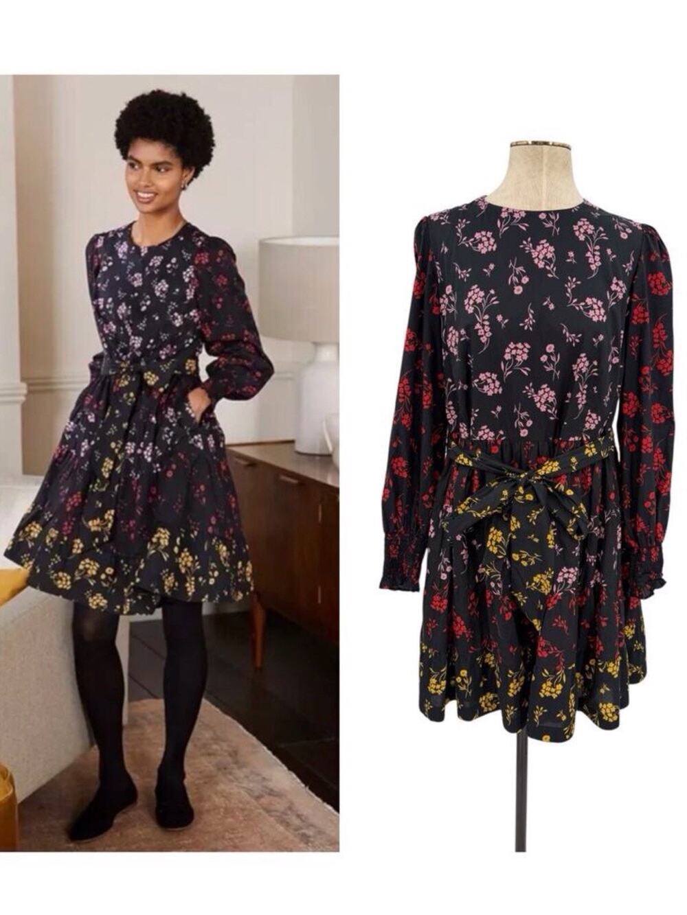 BODEN LYLA TIERED BLACK SPRIG FLORAL MINI DRESS 10R COTTON PREPPY ACADEMIA BOHO